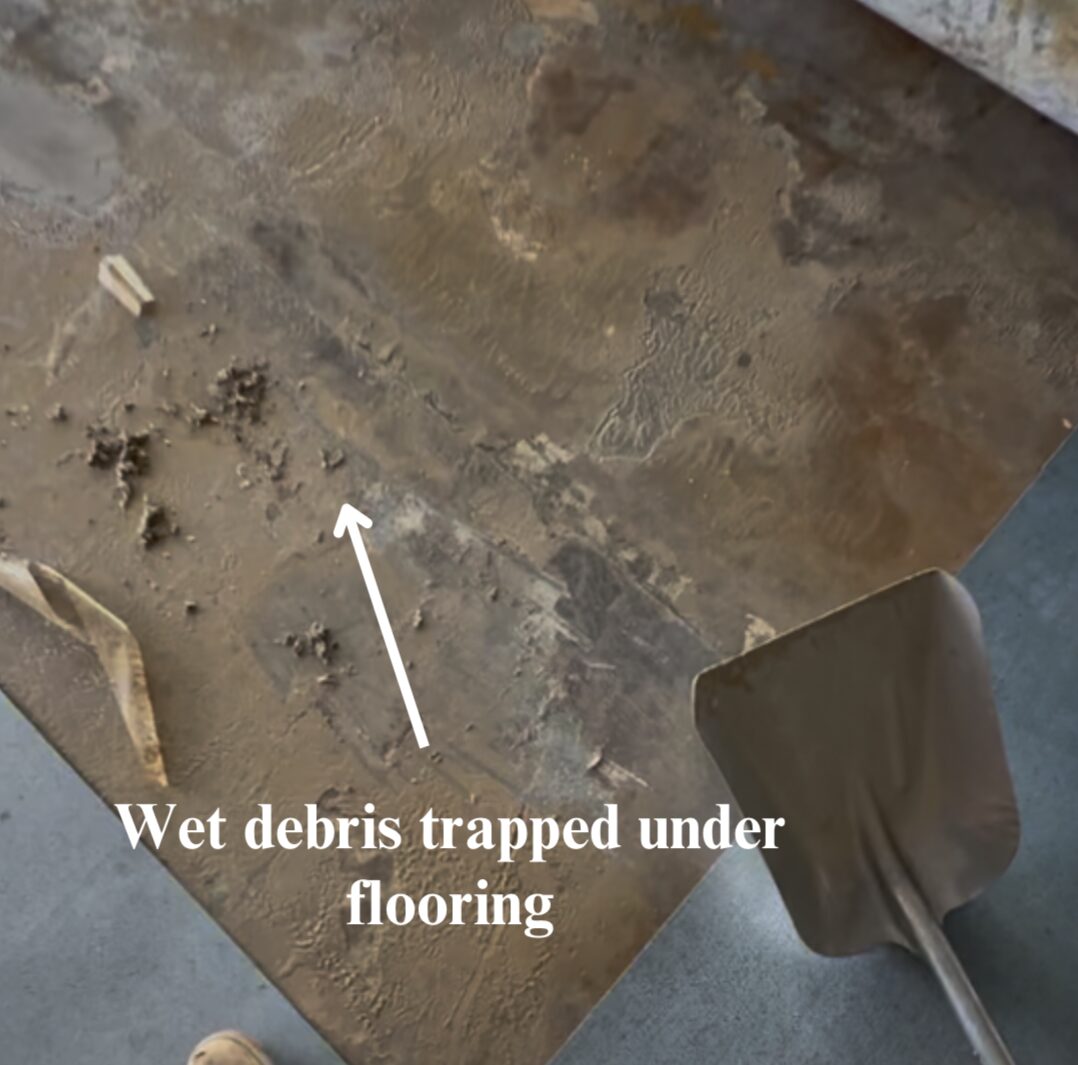 Failing VCT tile in swim school lobby with visible wear and water damage at the seams before flake floor installation