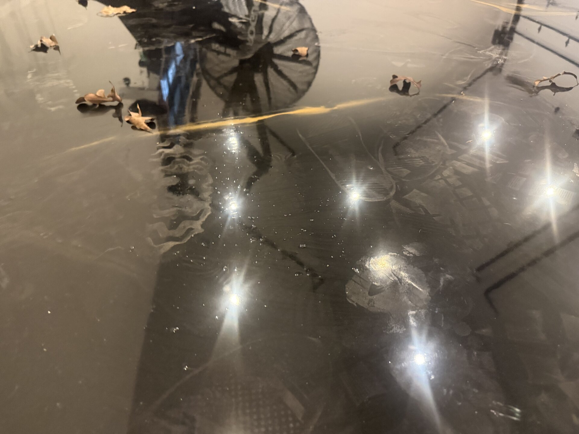 Pre-tear-out condition of botched metallic floor in Argyle TX luxury home — buy cheap buy twice example in residential coatings