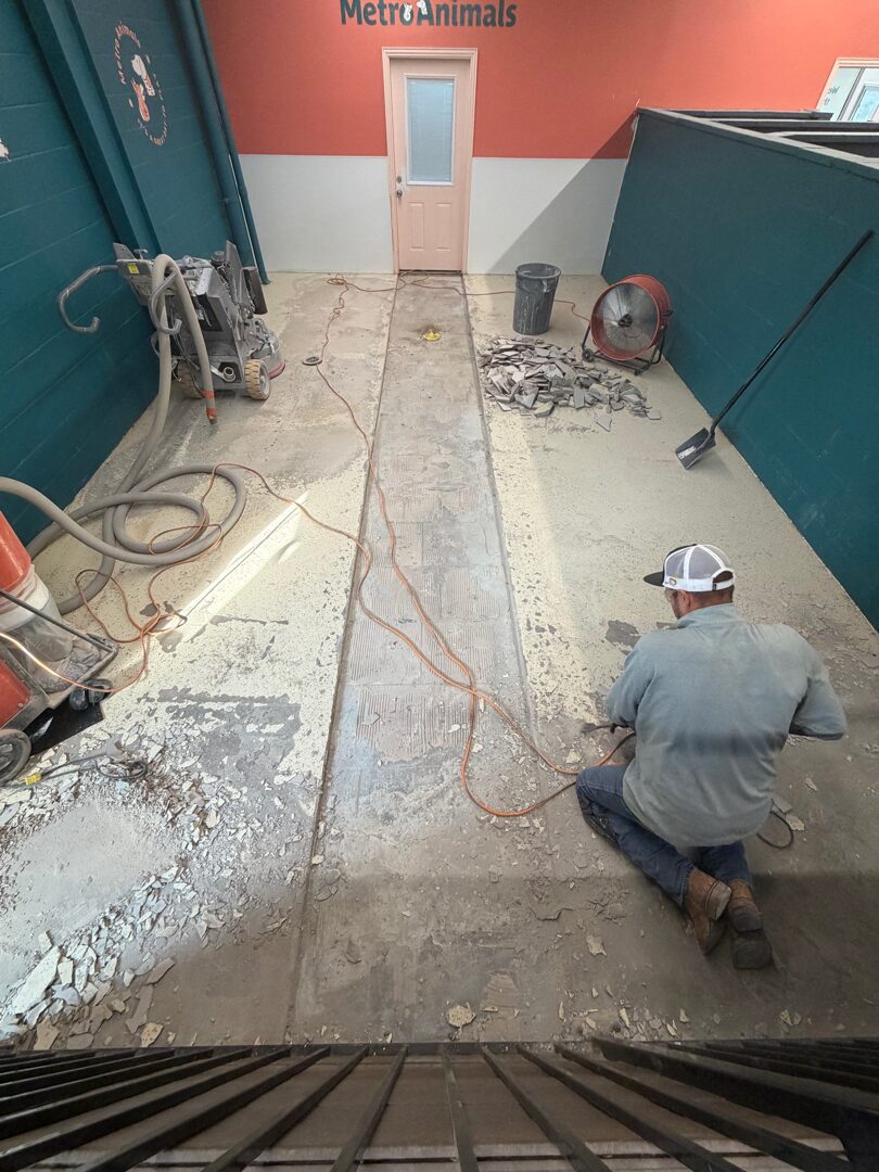 Polyurea base coat and polymer flake broadcast in process inside dog boarding facility