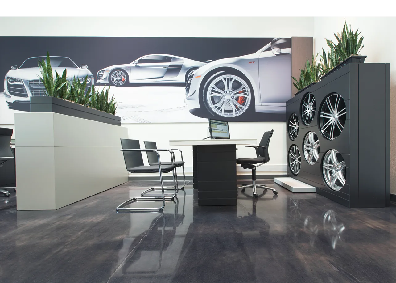 Modern dealership office space with polished concrete flooring