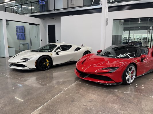 High-end automotive showroom with polished concrete floors showcasing luxury vehicles