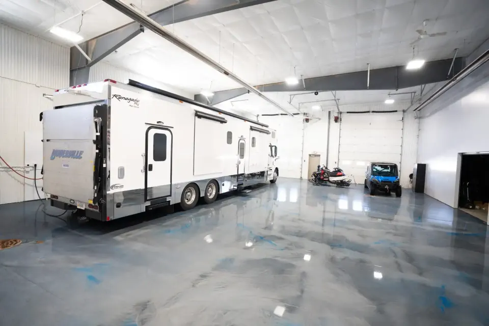 Garage with polished concrete flooring