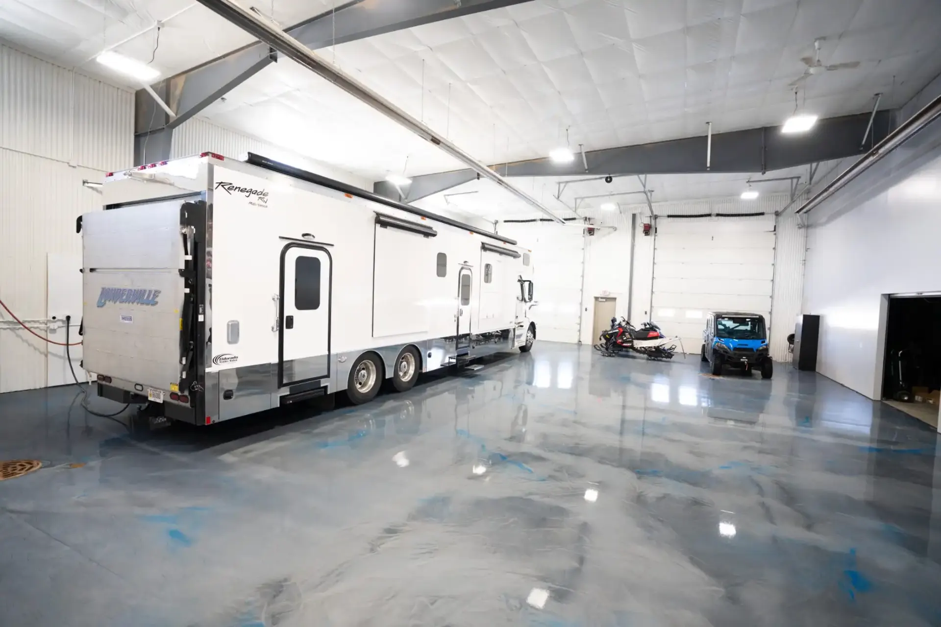 Garage with polished concrete flooring