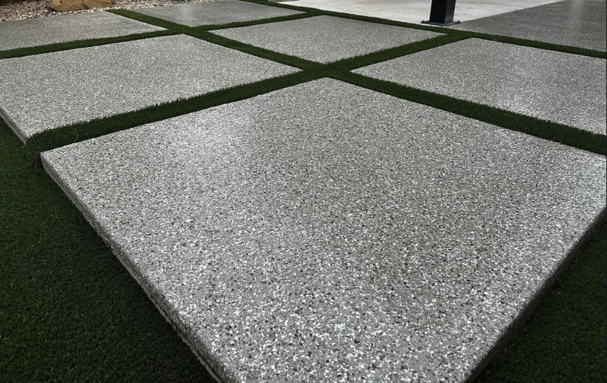 Concrete samples with speckled epoxy coating finish