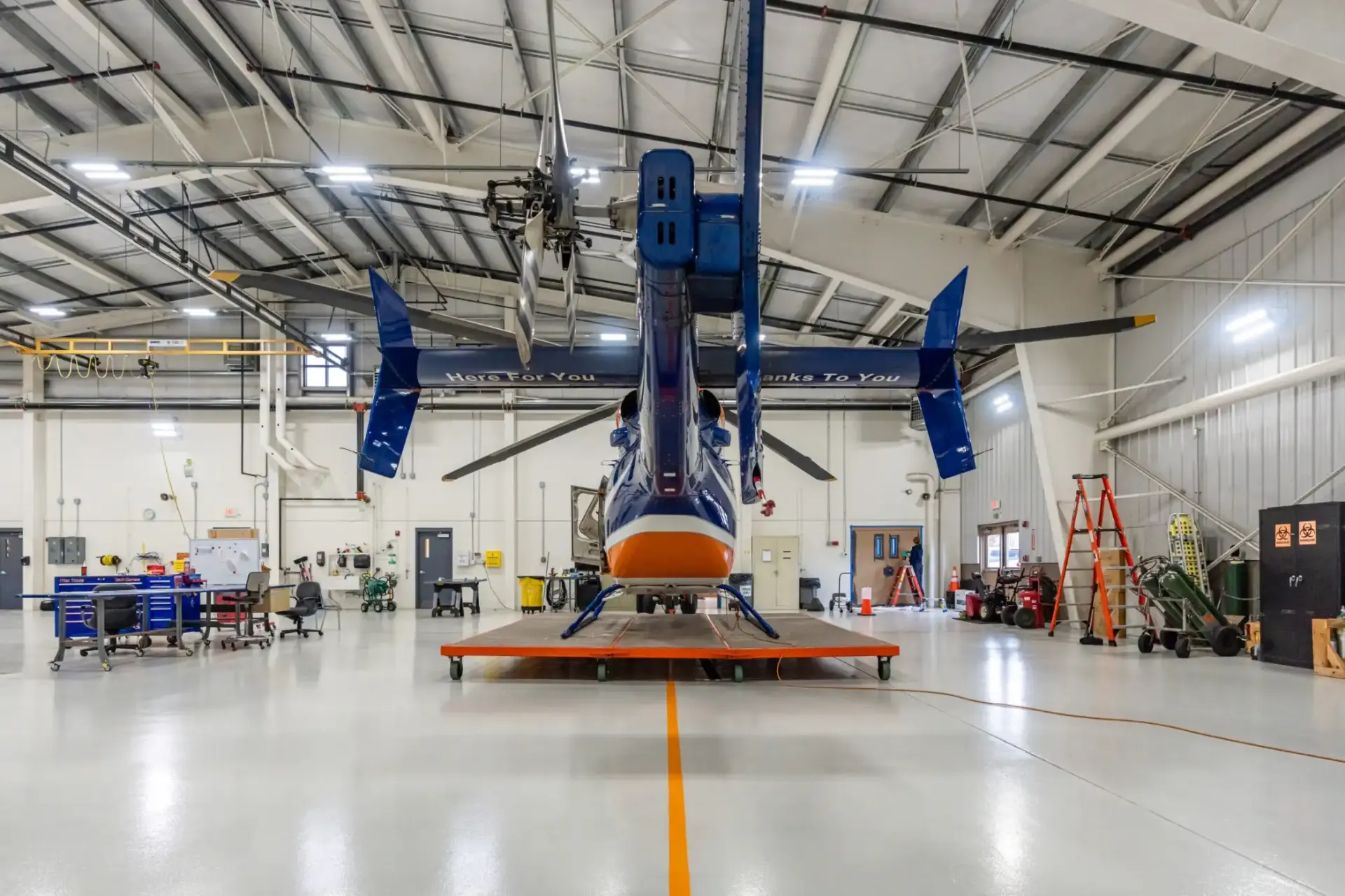 Helicopter hangar with industrial epoxy flooring