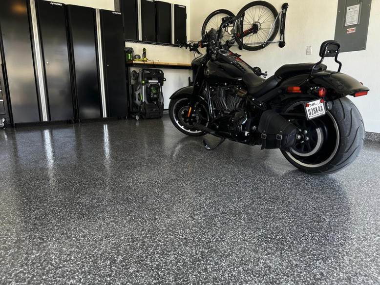 Motorcycle on professionally coated garage floor